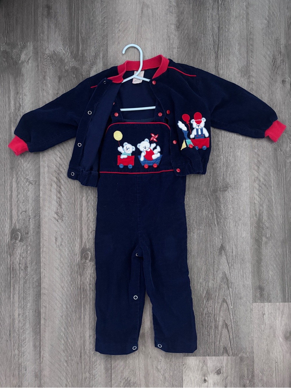 Vintage Navy Blue and Red Baby Overalls and Jacket Set with Teddy Train Appliqué
